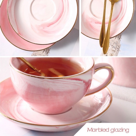 Pink Marble Printed Tea Set w/a Delicate Gold Trim - Picture 6 of 7